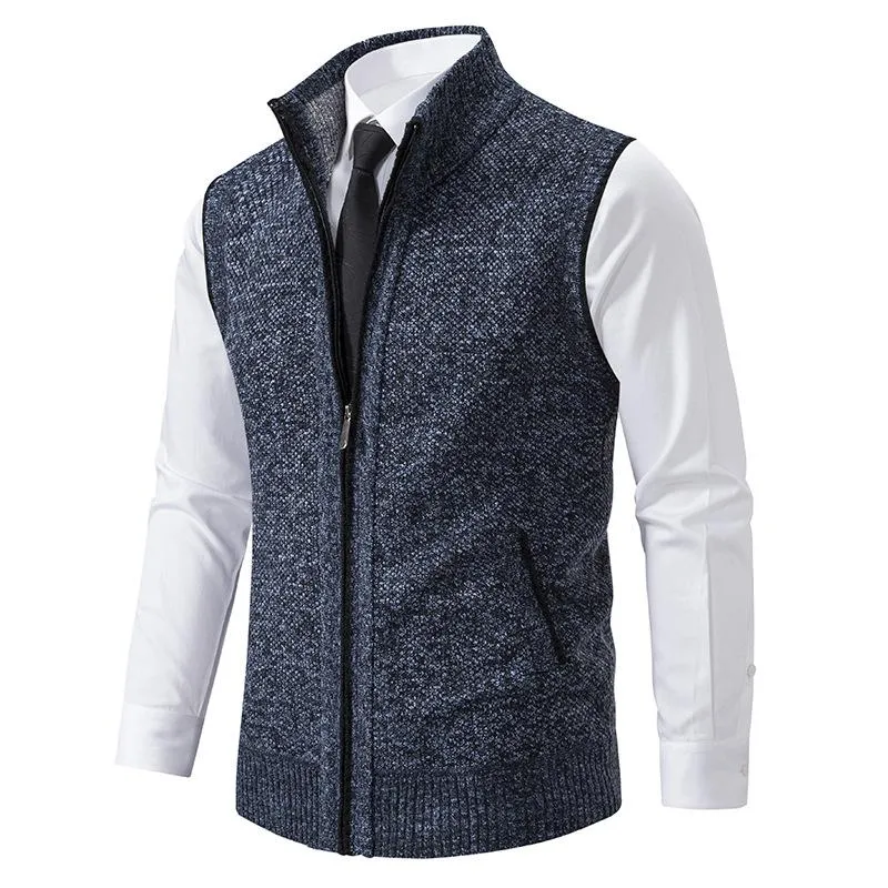 Men's Casual Solid Color Stand Collar Sleeveless Knitted Vest  19972434Y