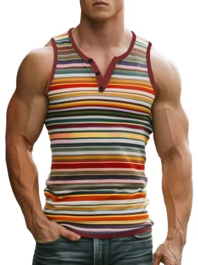 Men's Colorful Retro Stripe Print Round Neck Button Sleeveless Tank Top