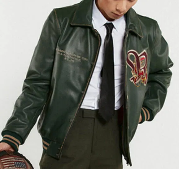 Men's green teddy-style leather jacket dragon cohiba