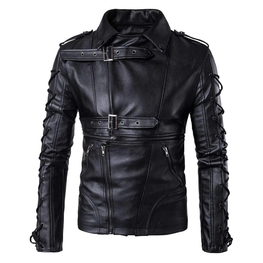 Men's Punk Zipper Side Lace Up Faux Leather Motorcycle Biker Jacket