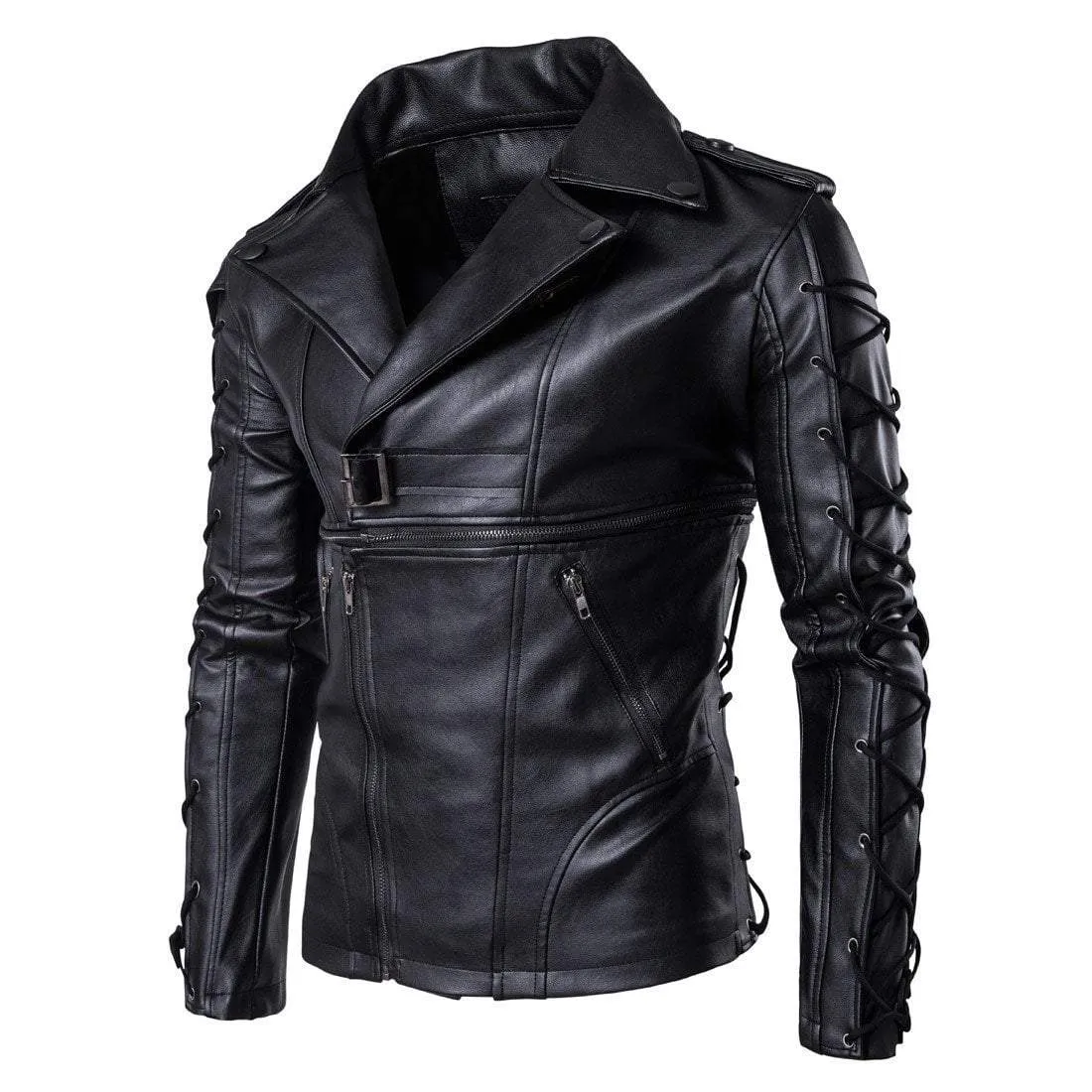 Men's Punk Zipper Side Lace Up Faux Leather Motorcycle Biker Jacket