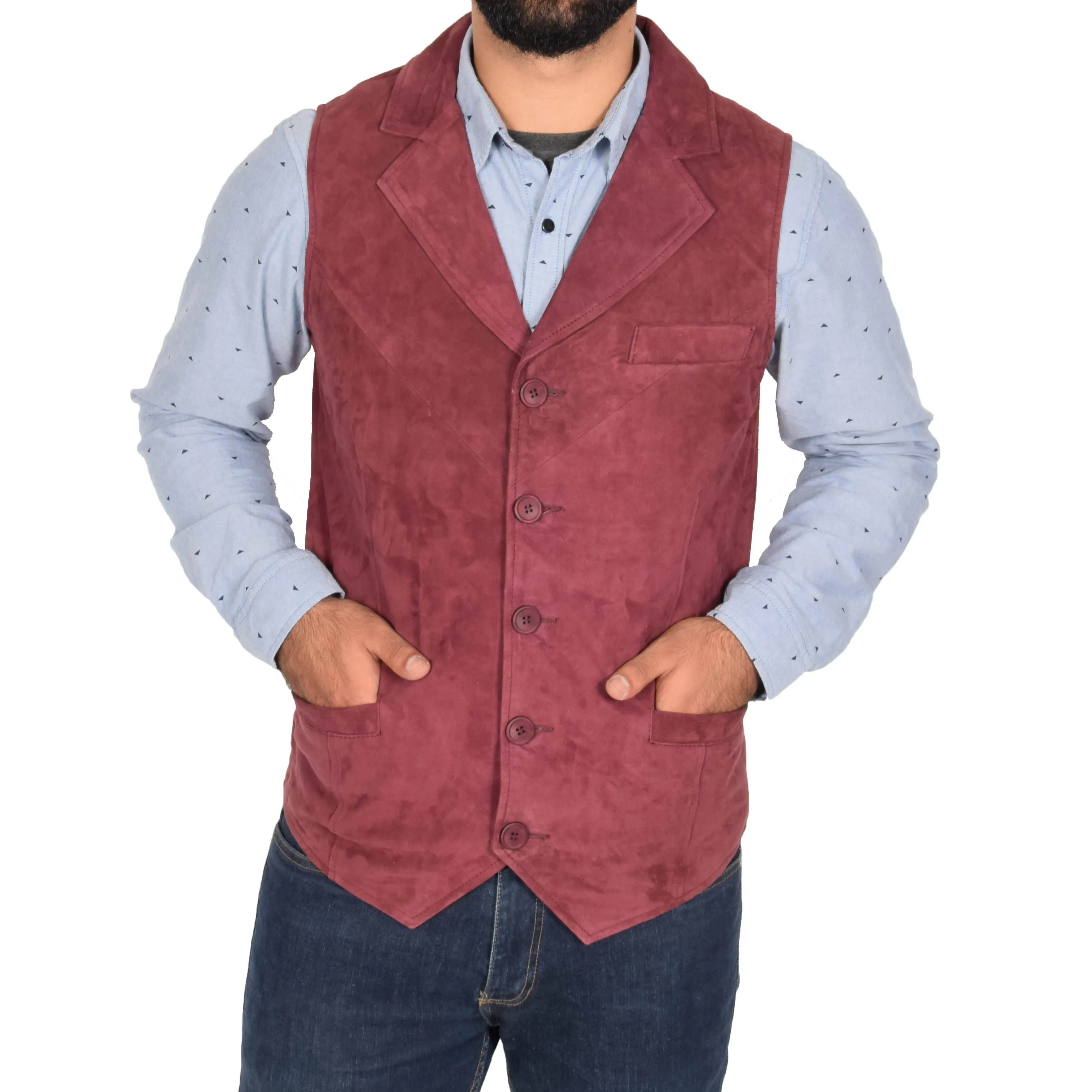 Mens Suede Buttoned Waistcoat Gilet Devin Burgundy