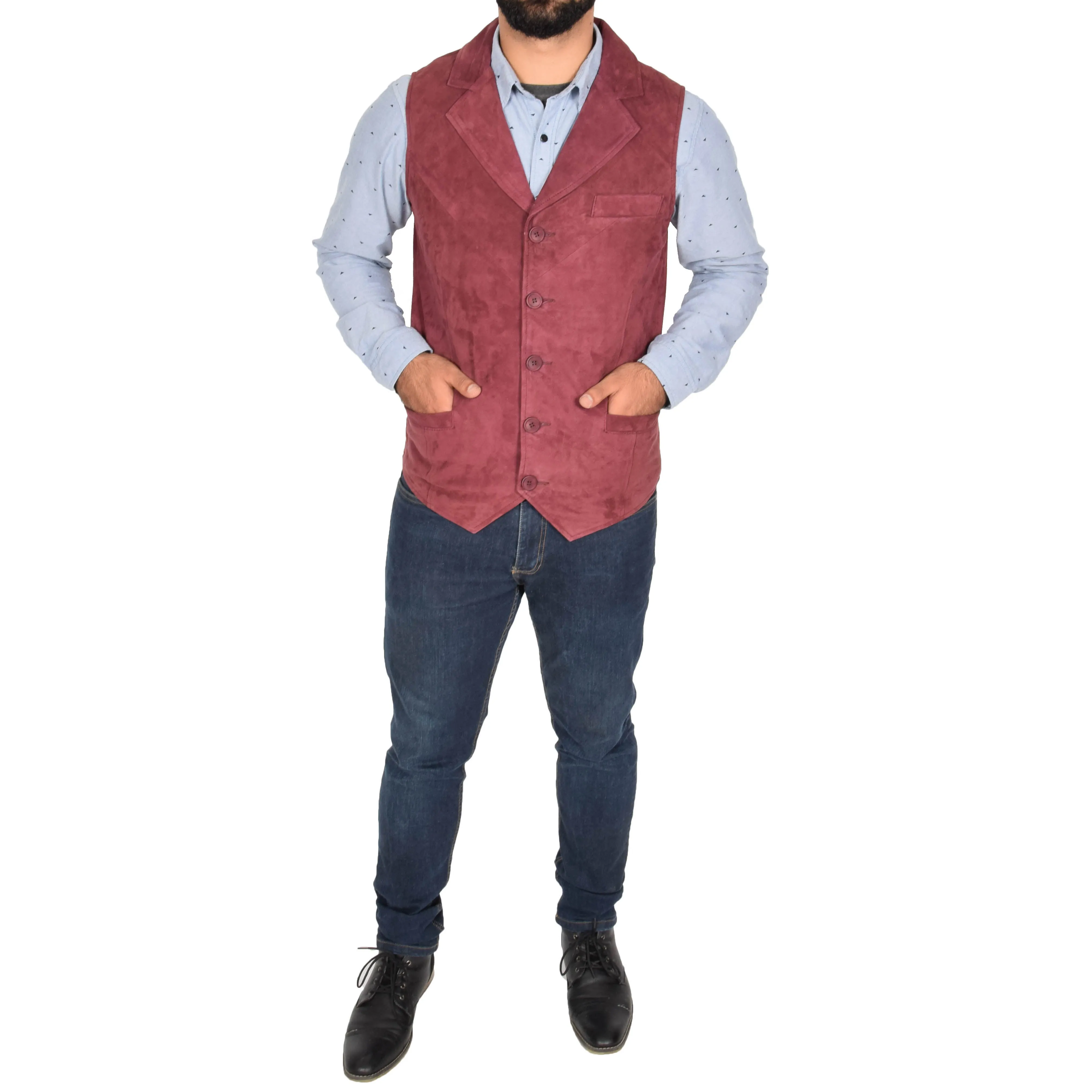 Mens Suede Buttoned Waistcoat Gilet Devin Burgundy