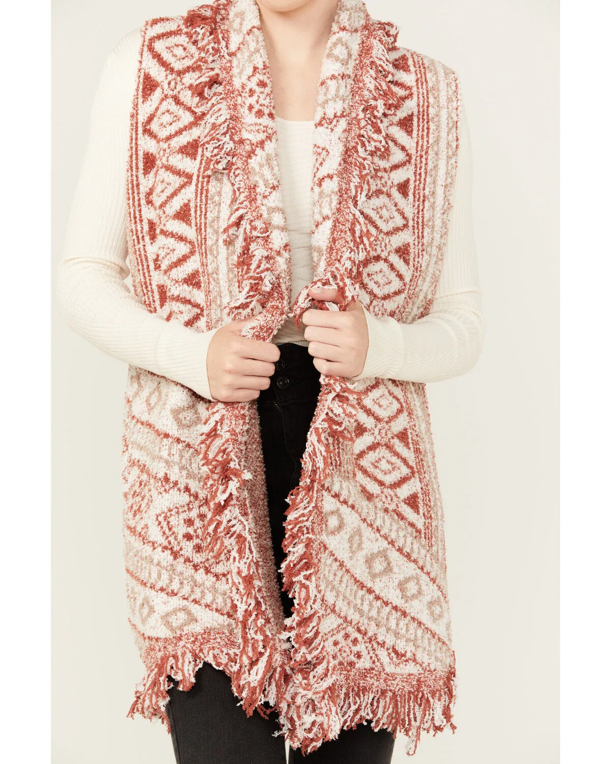 Miss Me Women's Southwestern Print Fringe Long Knit Vest