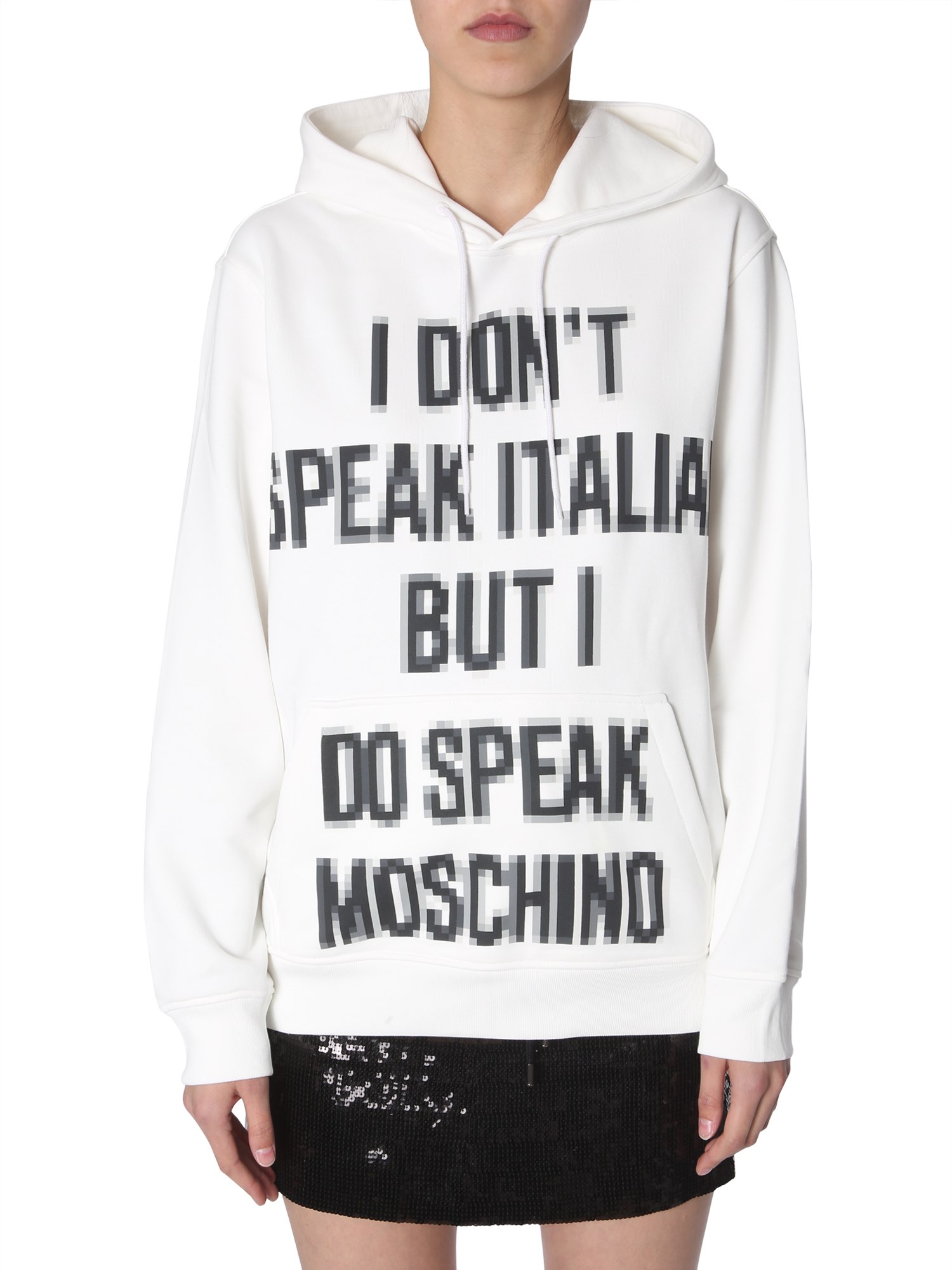 MOSCHINO    COTTON HOODED SWEATSHIRT WITH SLOGAN PIXEL PRINT