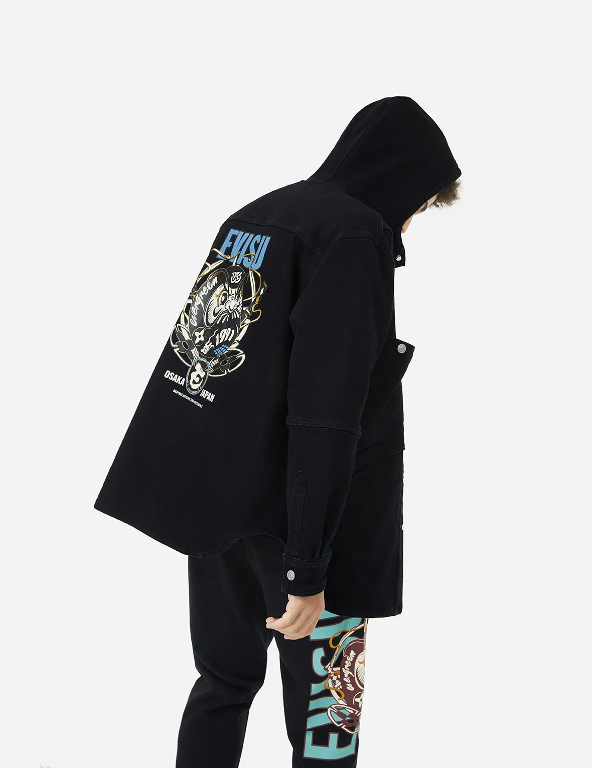 Ninja Daruma and Logo Print Regular Fit Hooded Denim Shirt Jacket