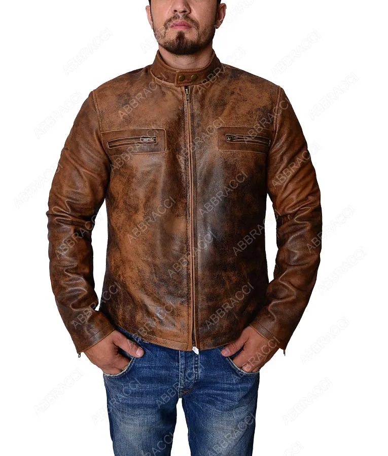 Oblivion Premiere Mandarin Collar Dark Brown Distressed Leather Jacket