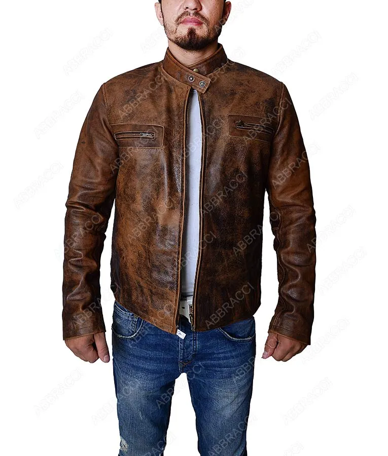 Oblivion Premiere Mandarin Collar Dark Brown Distressed Leather Jacket