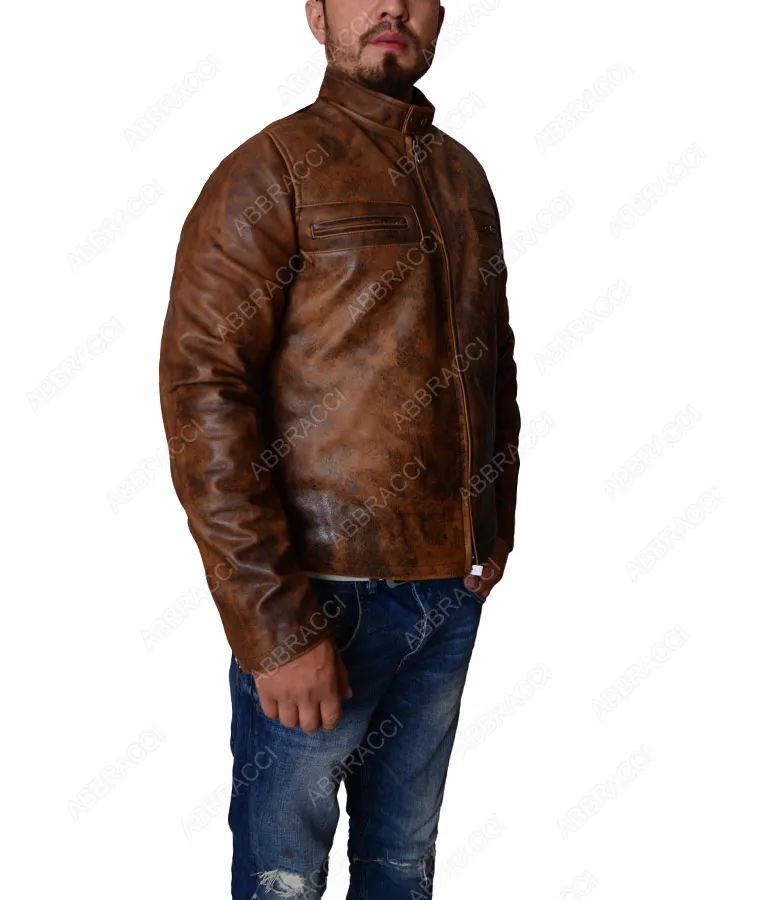 Oblivion Premiere Mandarin Collar Dark Brown Distressed Leather Jacket