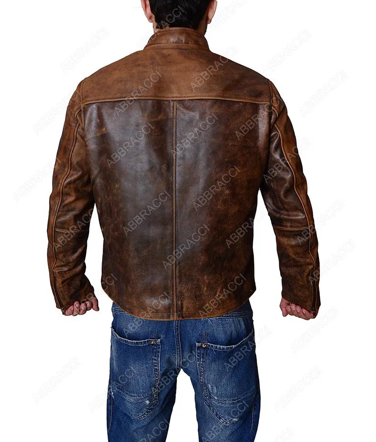 Oblivion Premiere Mandarin Collar Dark Brown Distressed Leather Jacket