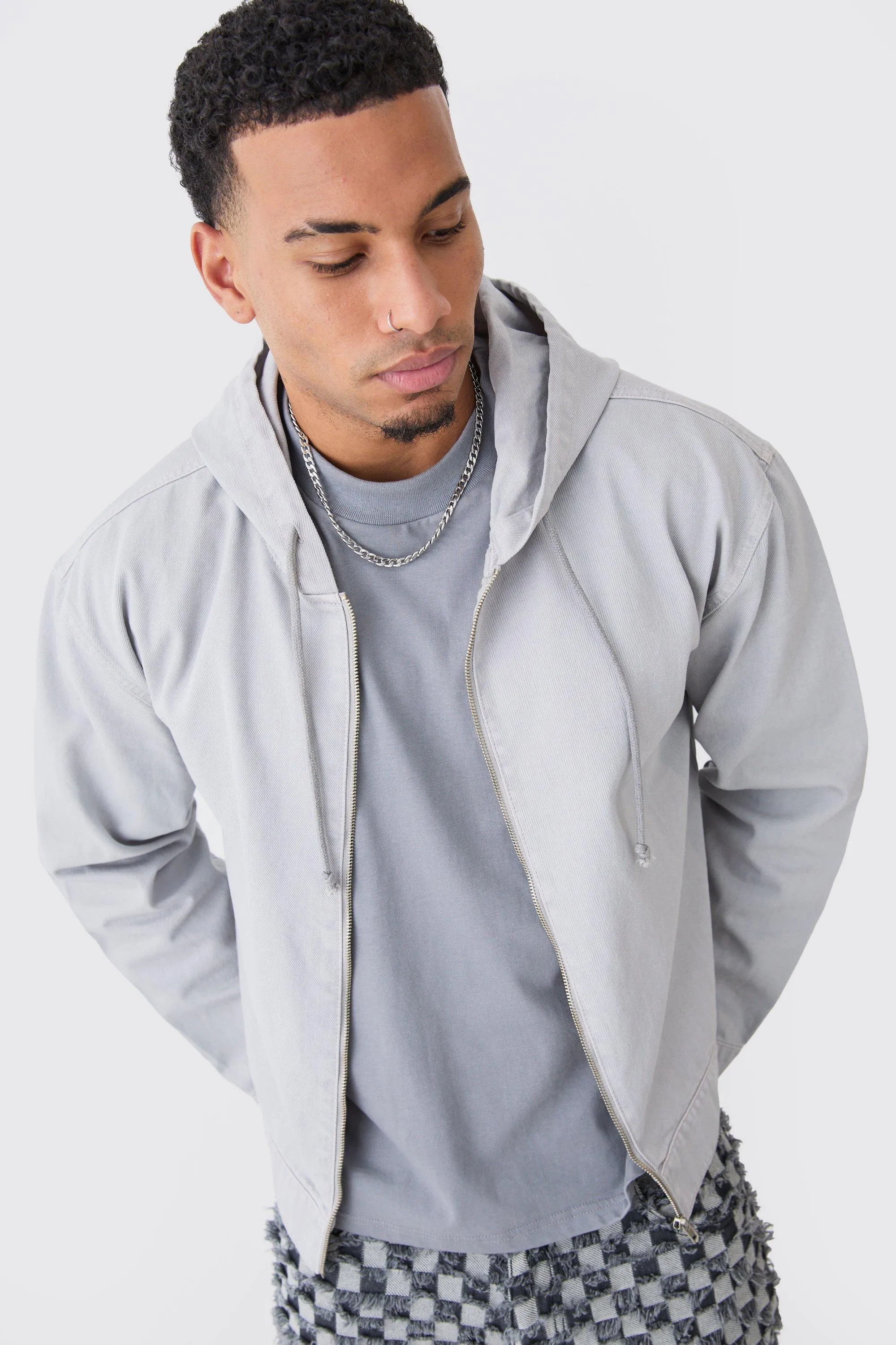 Overdyed Denim Boxy Fit Zip Through Hoodie | boohooMAN UK