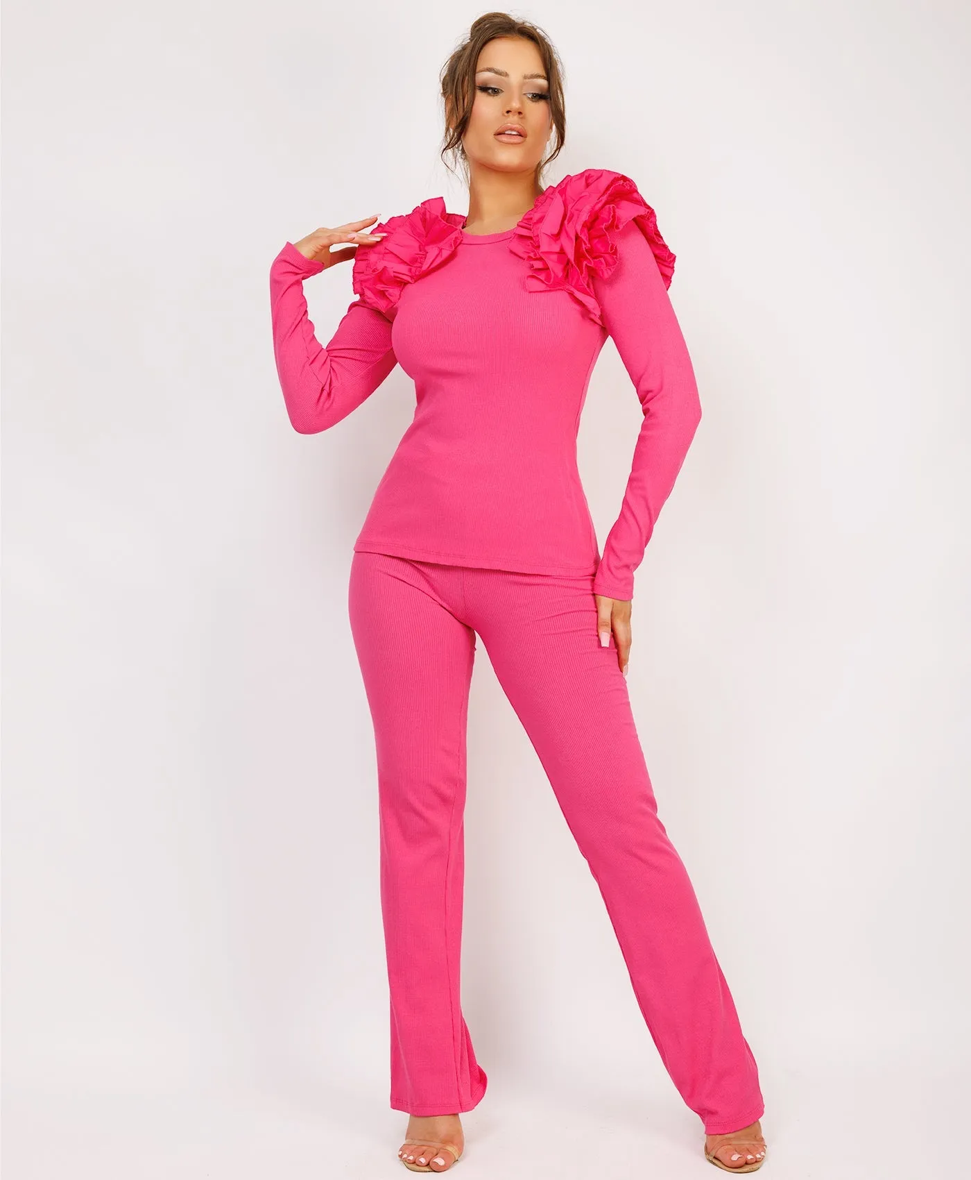 Pink Ruffle Frill Shoulder Ribbed Top And Trousers Loungewear Set