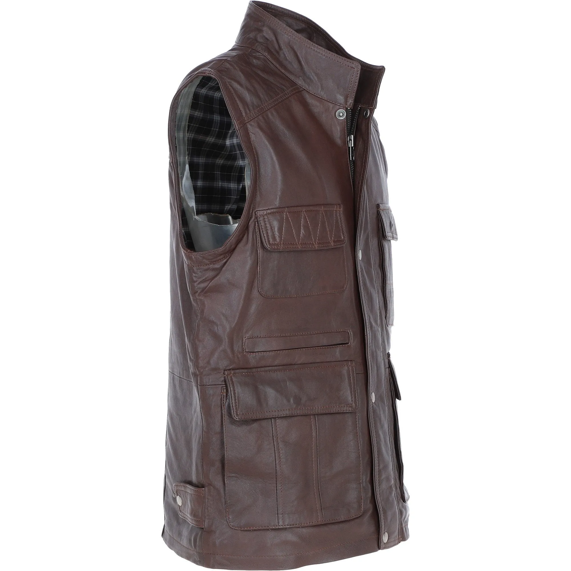 Premium Men's Light Brown Leather Utility Vest with Multiple Pockets: friends