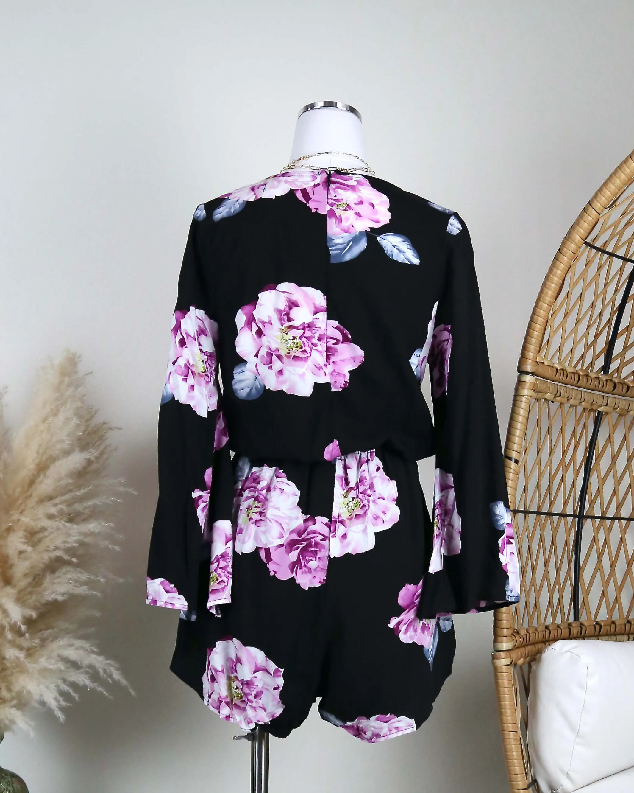 Reverse - Floral Print Black Surplice Romper