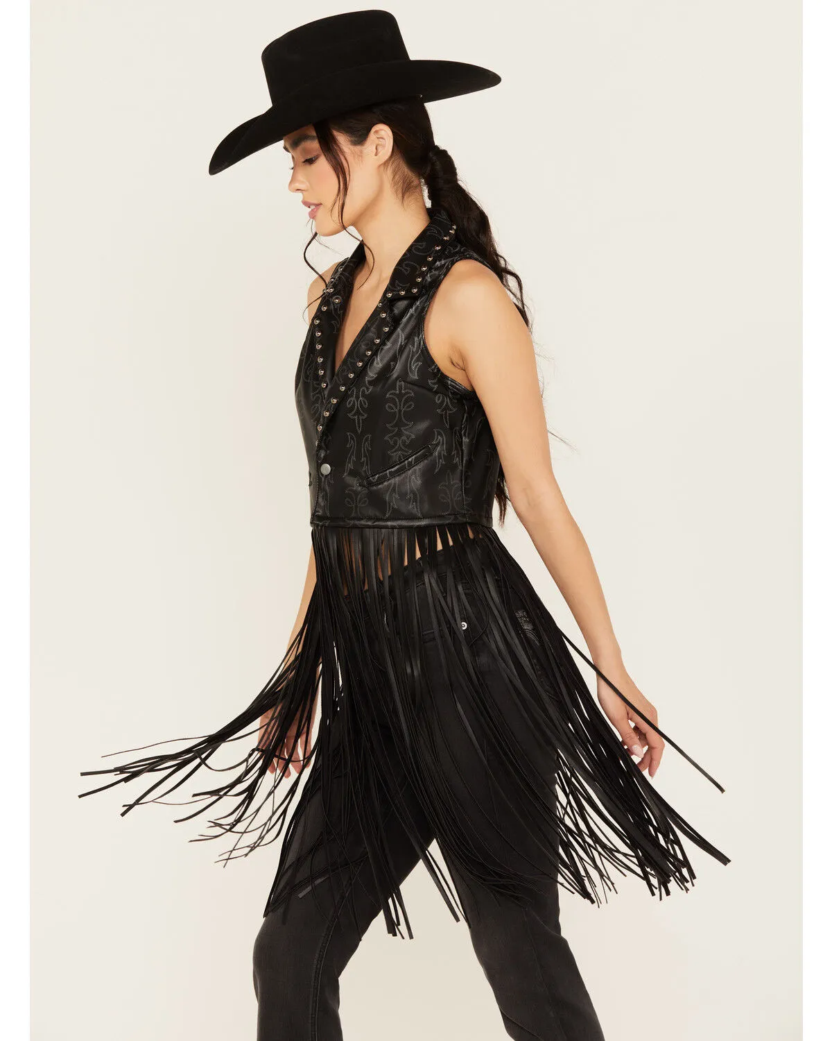 Rock & Roll Denim Women's Embellished Long Fringe Vest