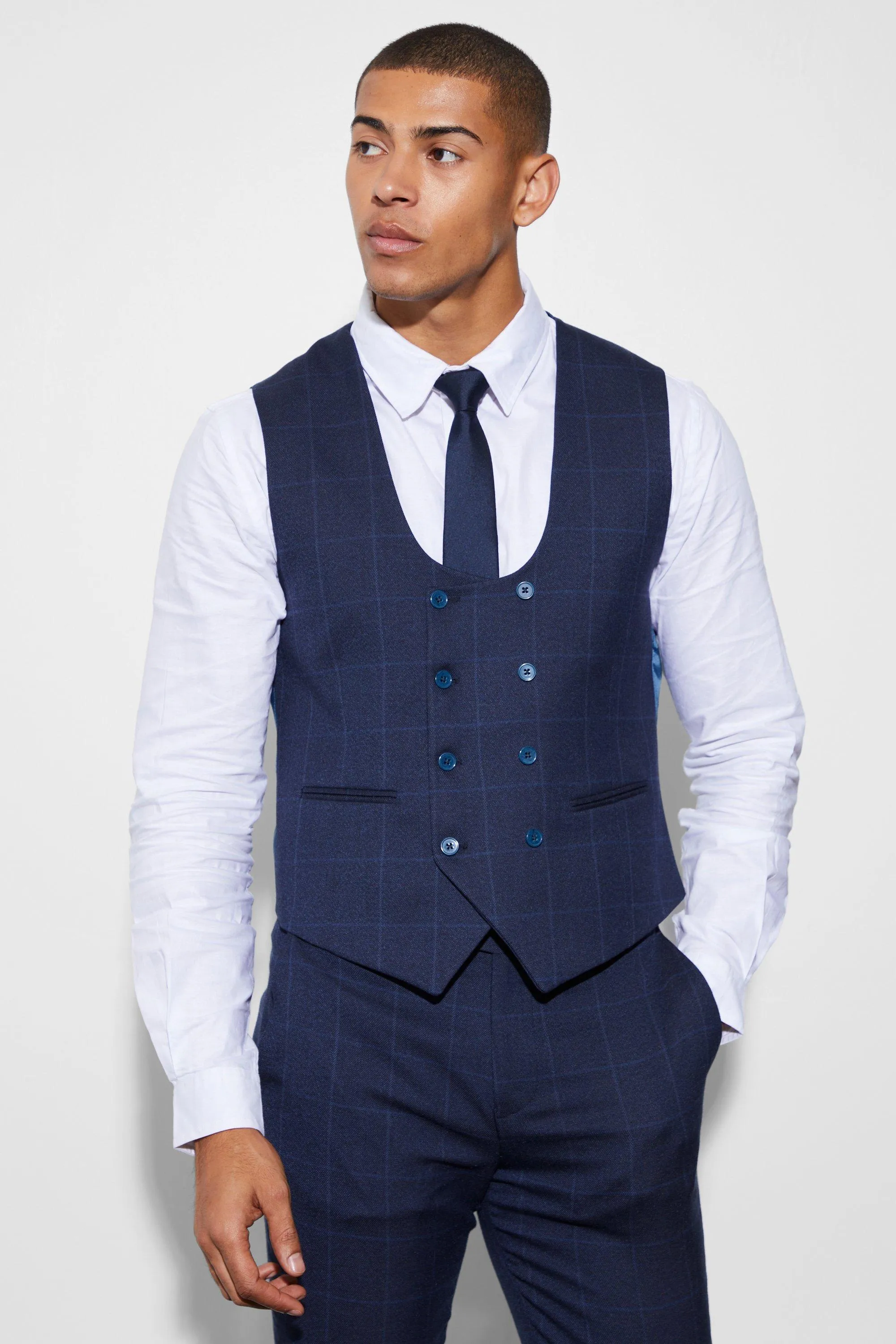 Slim Double Breasted Windowpane Waistcoat