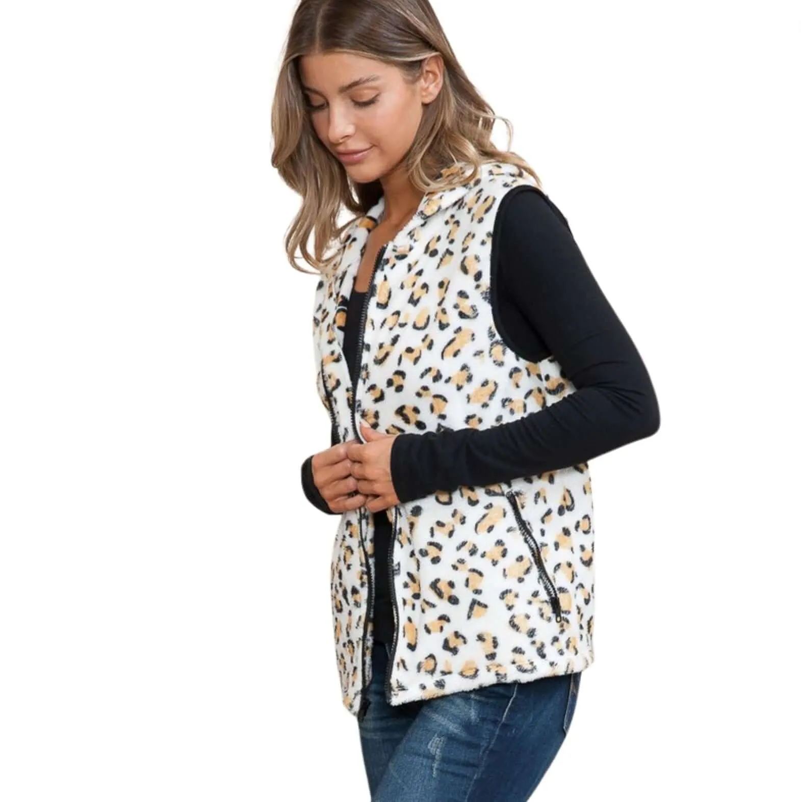 Soft Fleece Leopard Print Zipper Vest Made in USA