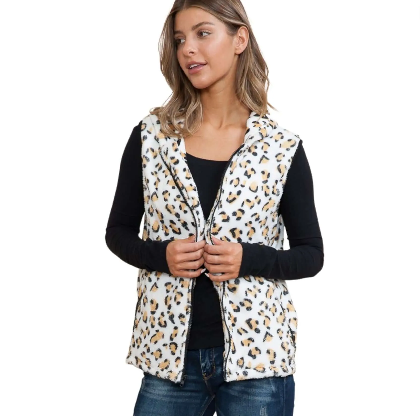 Soft Fleece Leopard Print Zipper Vest Made in USA