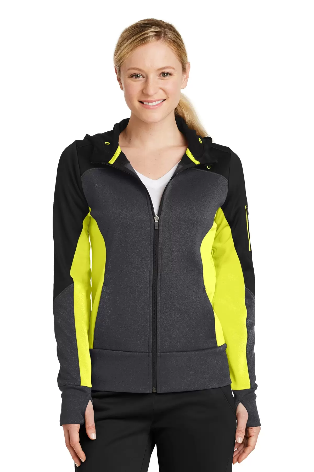 Sport Tek LST245 Sport-Tek Ladies Tech Fleece Colorblock Full-Zip Hooded Jacket SKU: LST245