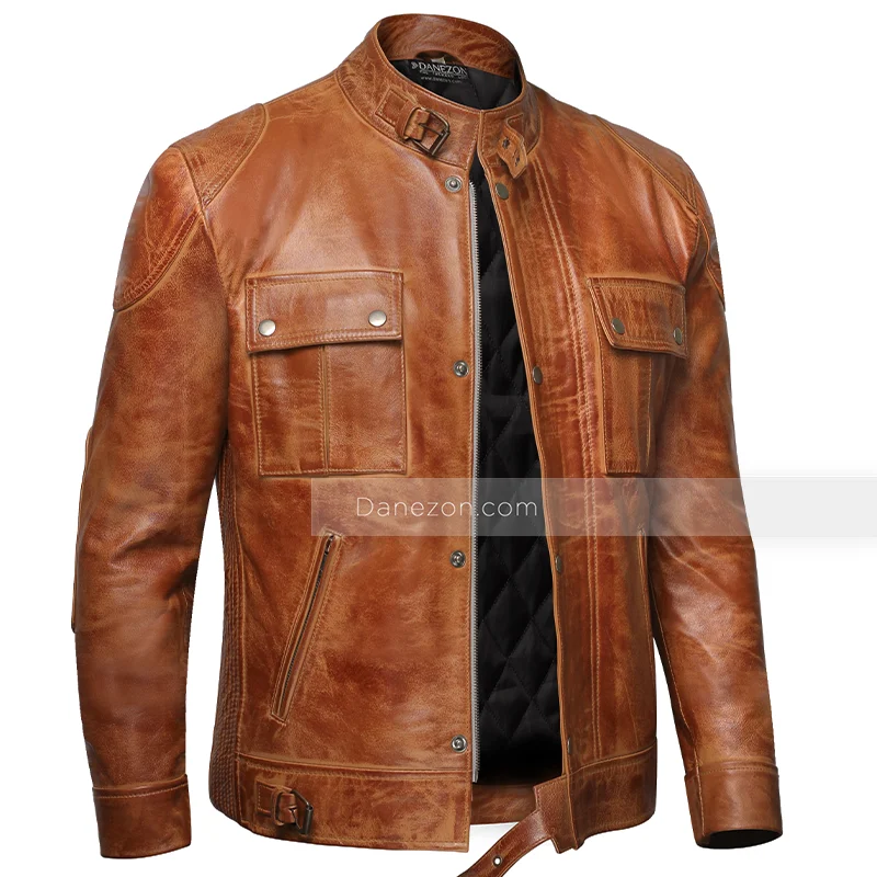 Two Pocket Distressed Brown Leather Jacket Men's