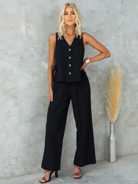 V-Neck Sleeveless Top And Wide Leg Buttons Black Business 2 Pieces Set