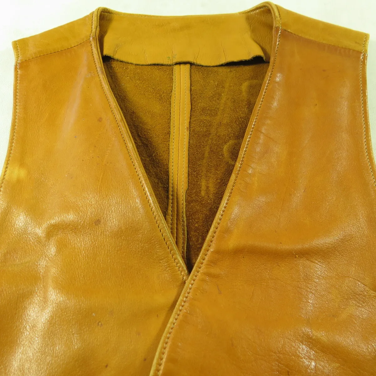 Vintage 80s Horn Button Leather Vest Men 38 Custom Tan Well Crafted