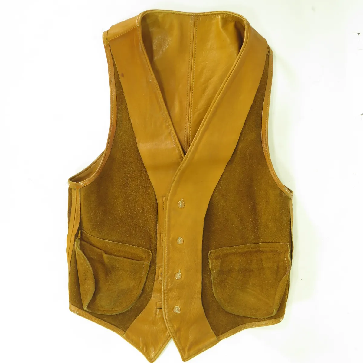 Vintage 80s Horn Button Leather Vest Men 38 Custom Tan Well Crafted