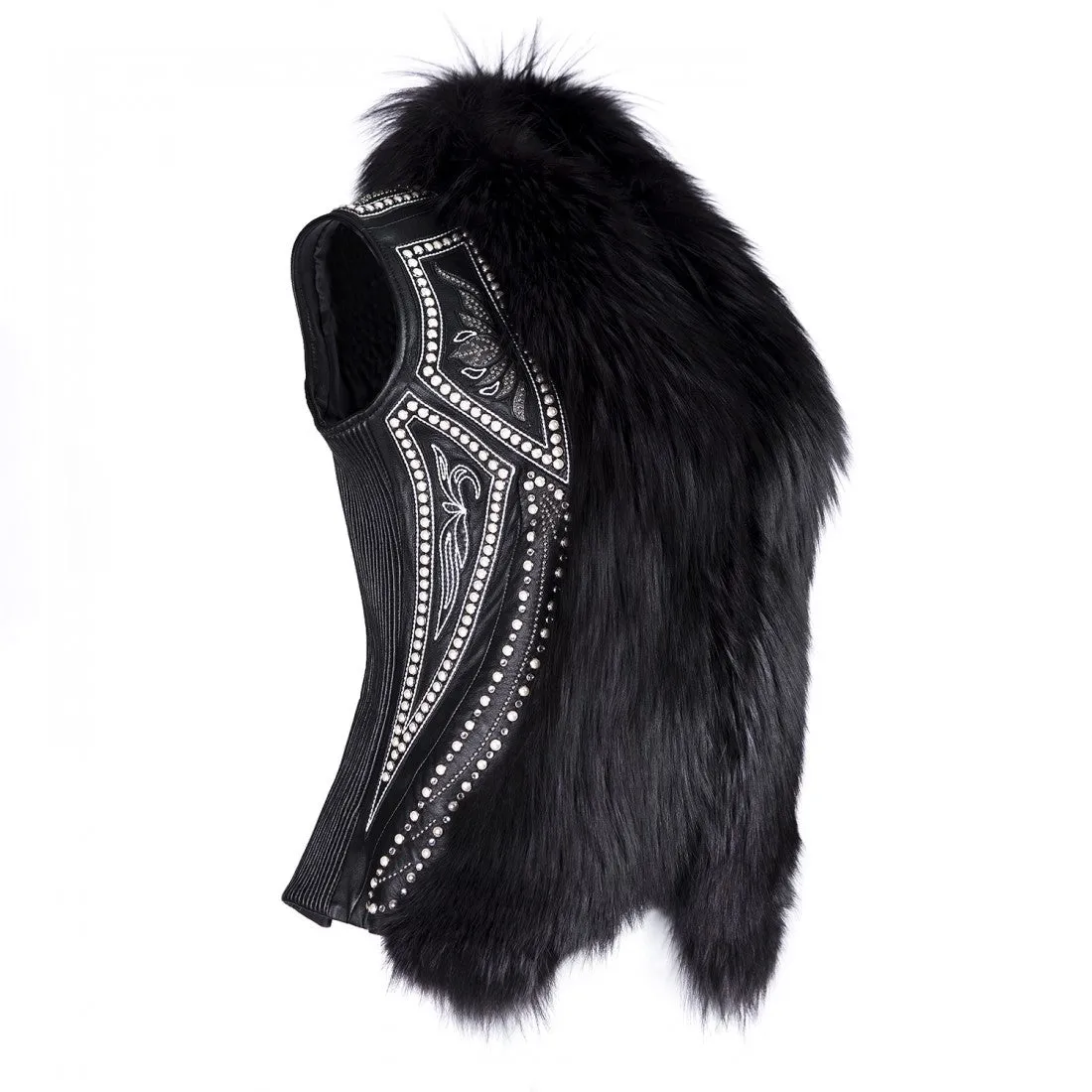 VSCEEPZ - Cuadra casual leather vest with fox fur and Swarovski pearls.