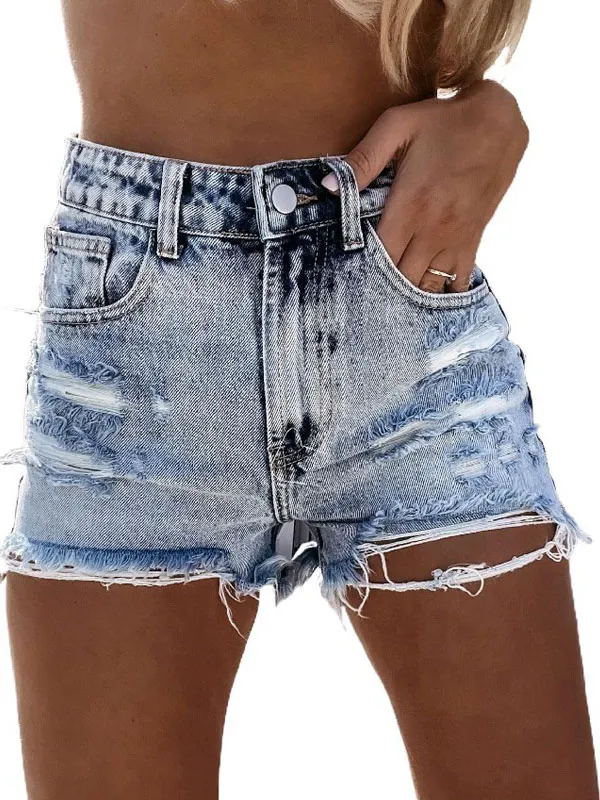 Women Jeans Light Blue Zipper Fly Buttons Straight Casual Cowboy Denim Shorts