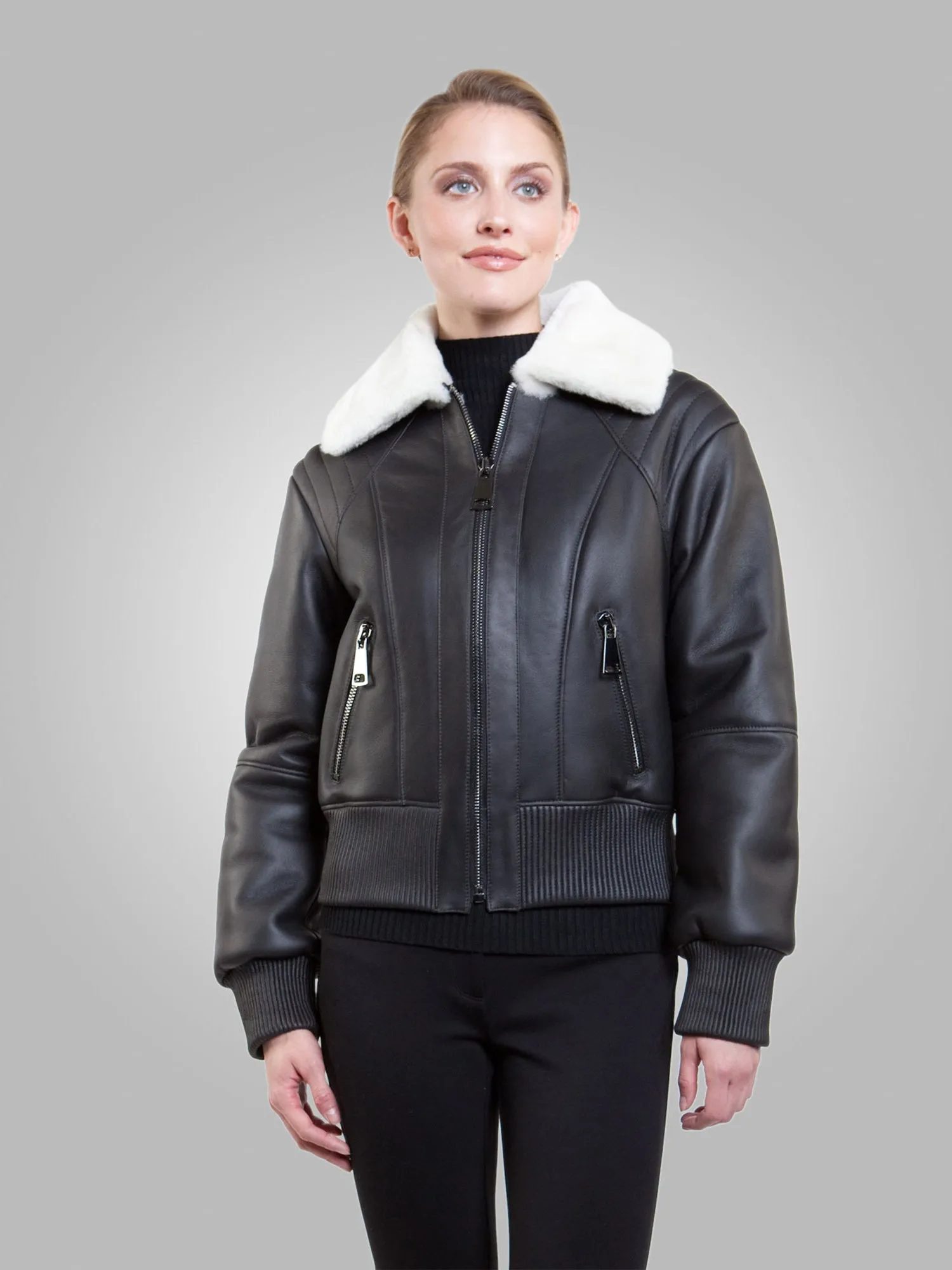 Women’s Black Leather White Shearling Bomber Jacket