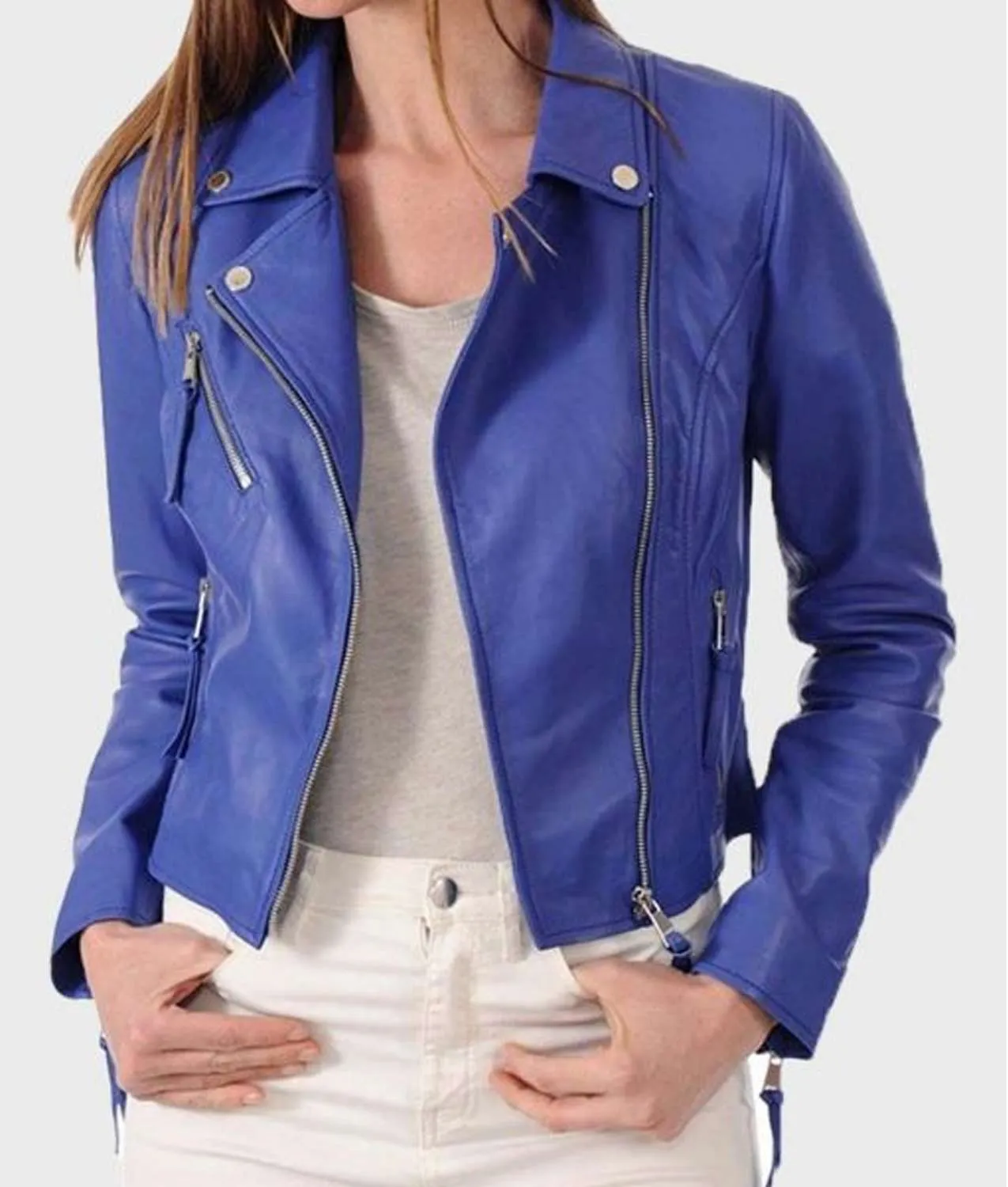 Womens Blue Classic Motorcycle Leather Jacket | Available ON Abbraci