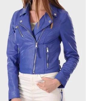 Womens Blue Classic Motorcycle Leather Jacket | Available ON Abbraci