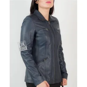 Womens Blue Leather Jacket - Muse - Hip Length | Free UK Delivery