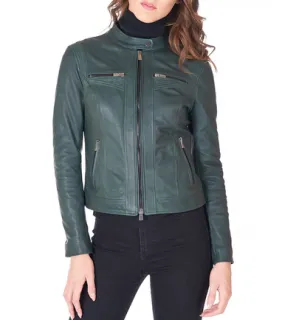 Womens Green Snap Tab Collar Biker Leather Jacket