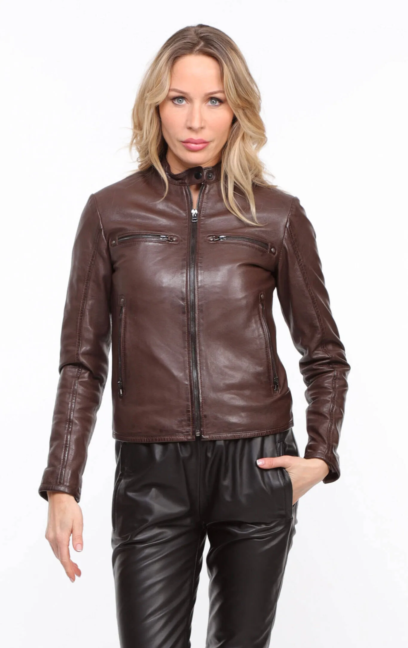 Women's wood leather jacket in motorcycle style \gemmy\