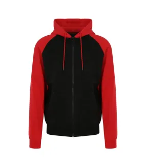 Womens/ladies full zip baseball hoodie jet black/fire red Awdis