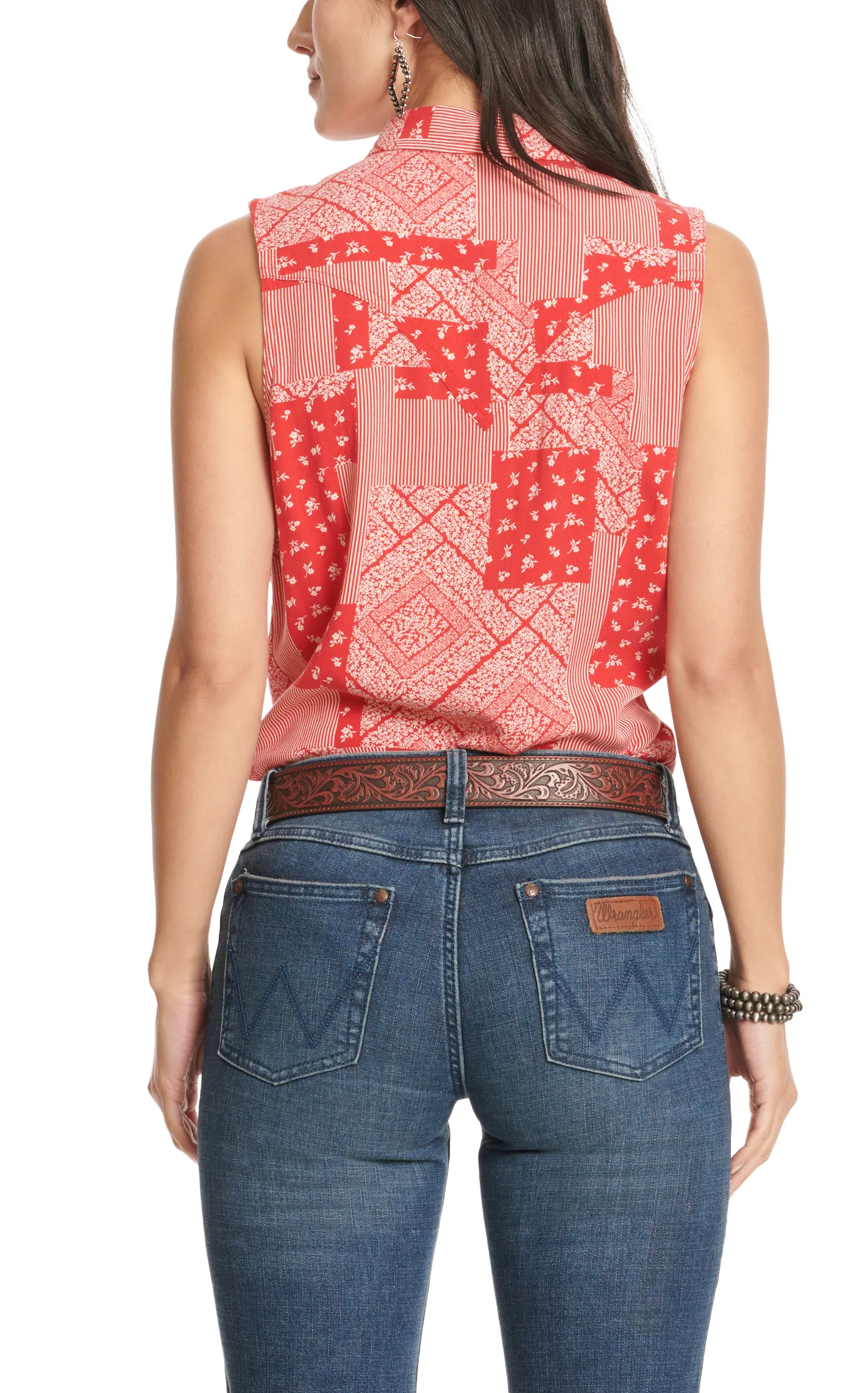 Wrangler Women's Red & White Patchwork Print Sleeveless Top