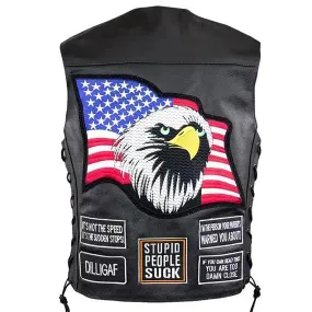 Xelement VP9150 Motorcycle Leather Vest For Men - USA Flag American Eagle - Premium Genuine Biker Club Gilet with Concealed Gun 