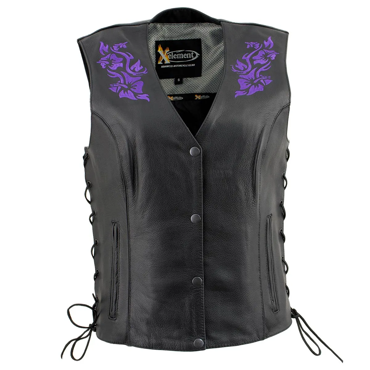 Xelement XS24005 Ladies ‘Gemma’ Black and Purple Leather Vest with Side Lace Adjustment