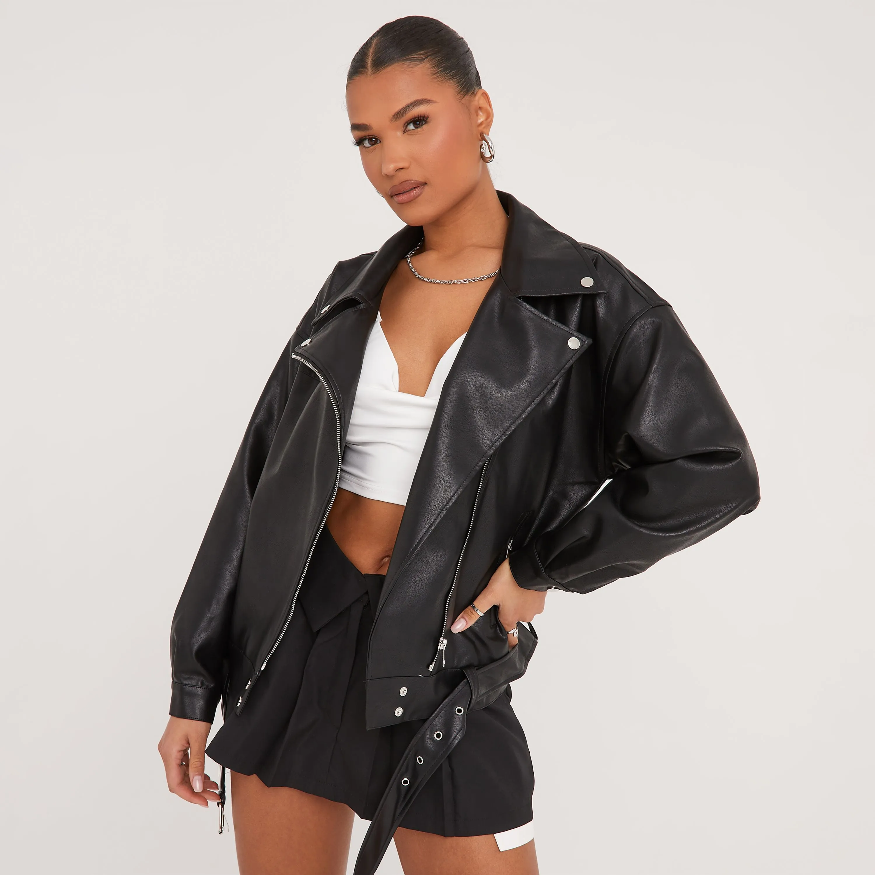 Zip Belt Detail Oversized Biker Jacket In Black Faux Leather