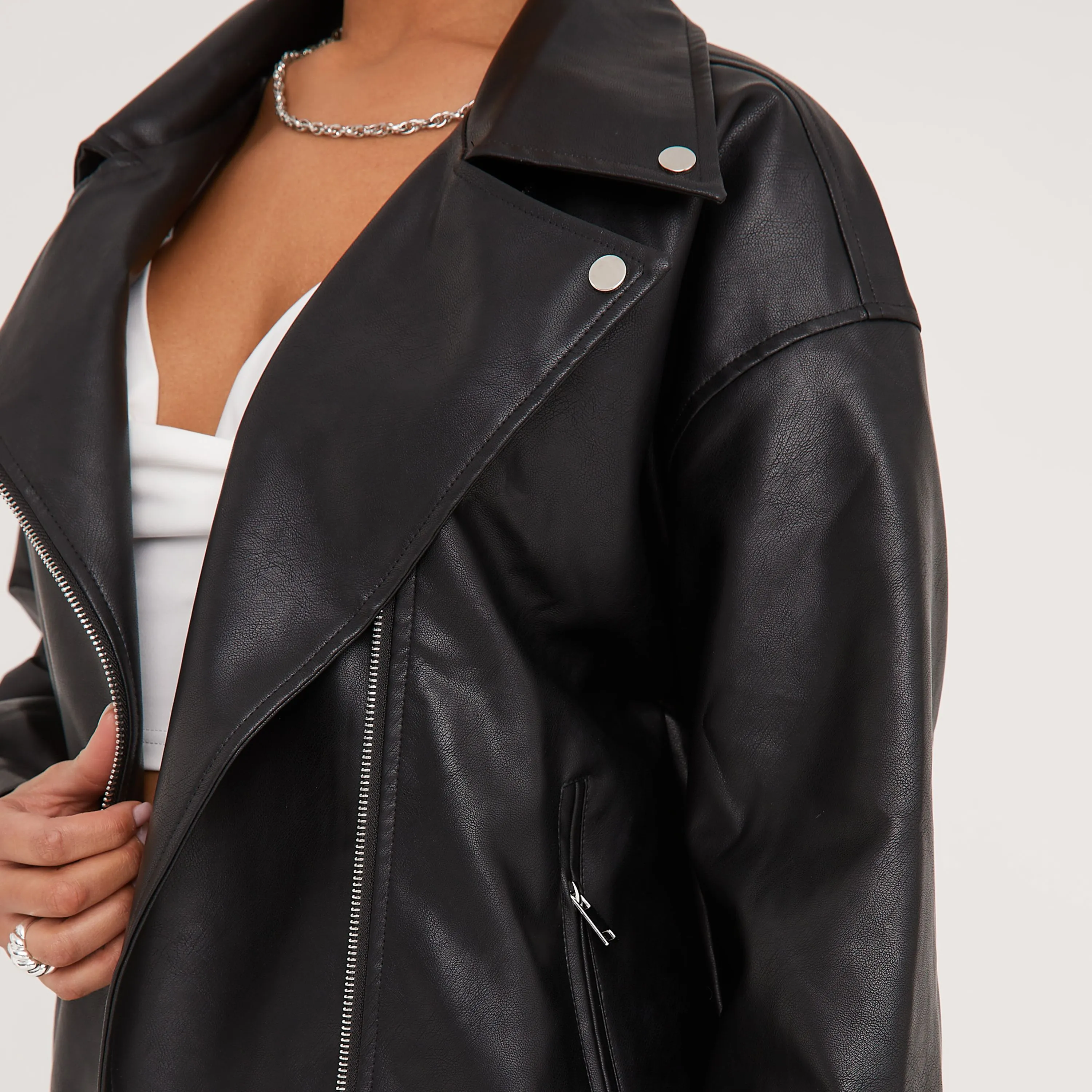 Zip Belt Detail Oversized Biker Jacket In Black Faux Leather